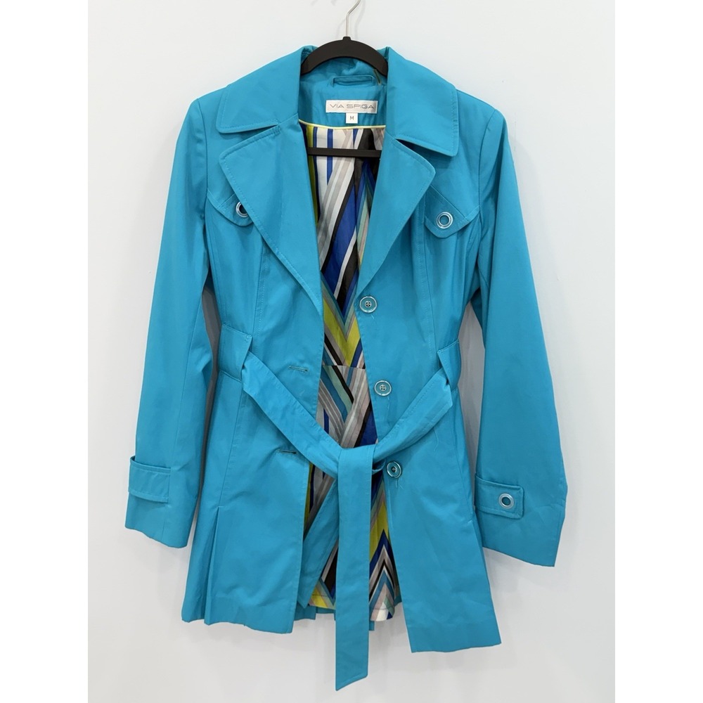 Via Spiga Women's M Turquoise Belted Trench Coat Colorful Lining Double Breasted